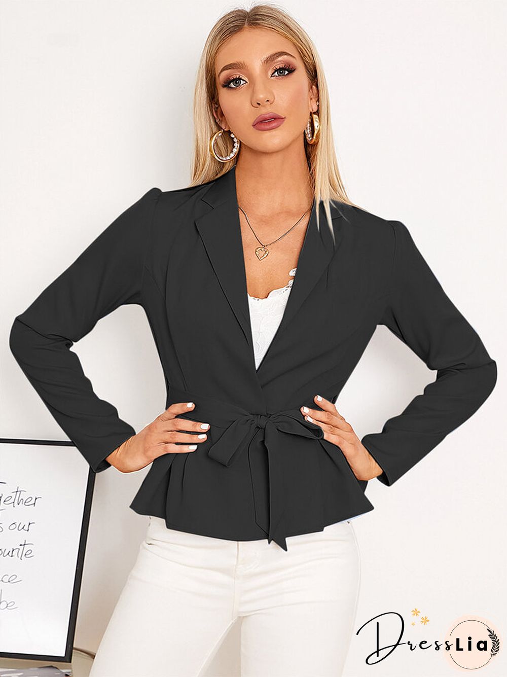Solid Belt Long Sleeve Lapel Blazer For Women