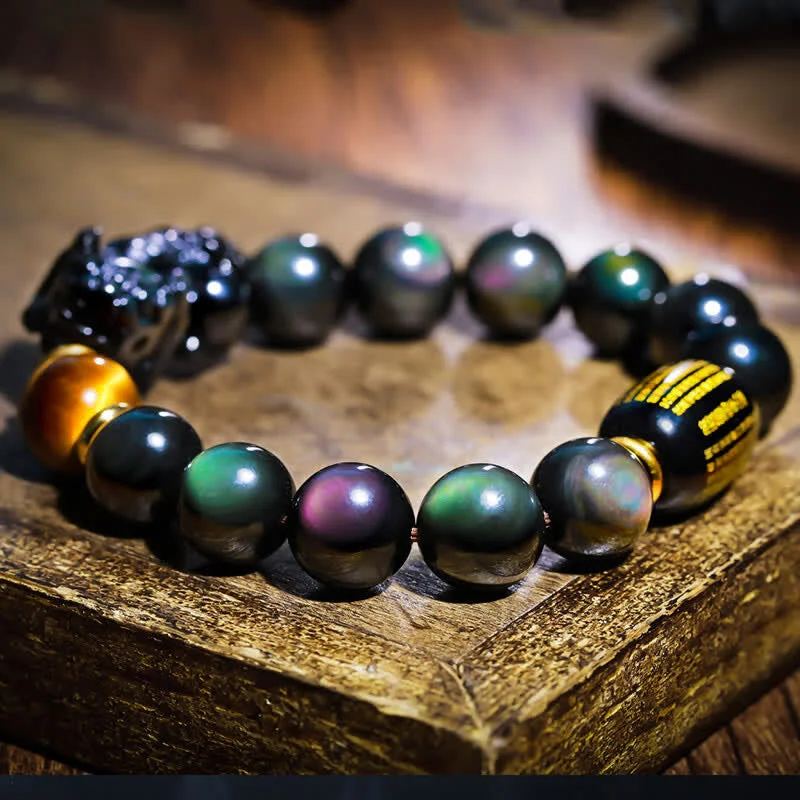 FengShui PiXiu Rainbow Obsidian Black Onyx Tiger Eye Positive Bracelet