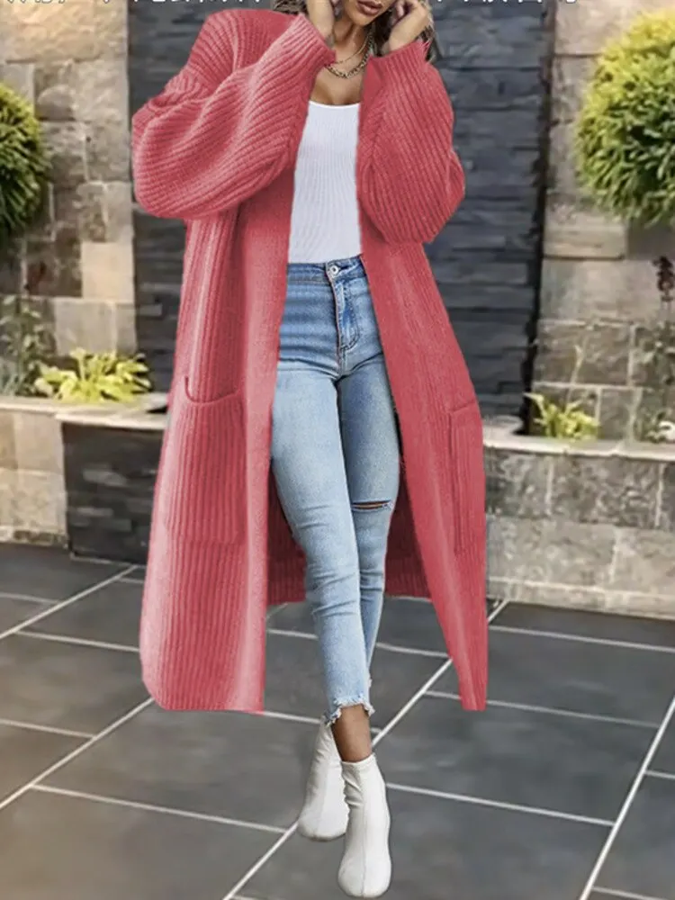 Uveng Women Long Knitted Casual Vintage Solid Color Loose Sweater Coat Fashion Basic All-Match Solid Cardigans New 2022