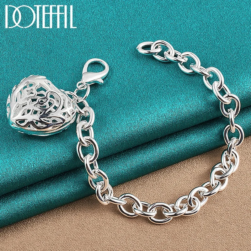 925 Sterling Silver Hollow Heart Bracelet Charm Chain For Women Jewelry