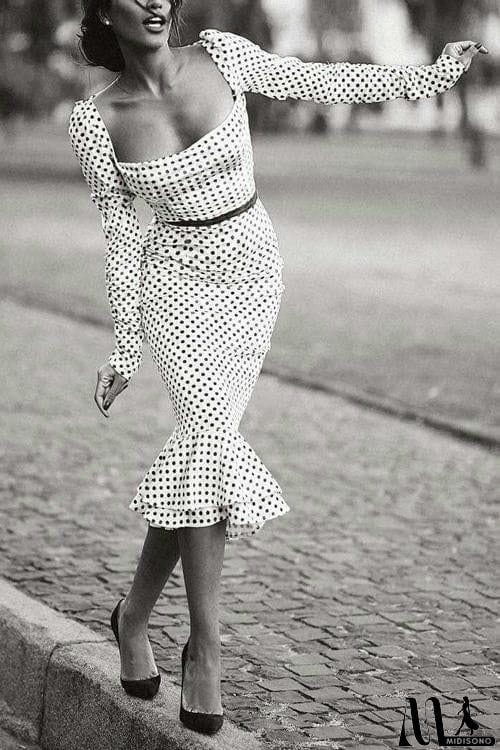 MidiSono - Square Neck Polka Dot Bodycon Dress