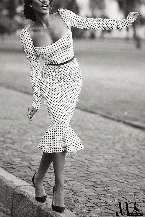 MidiSono - Square Neck Polka Dot Bodycon Dress
