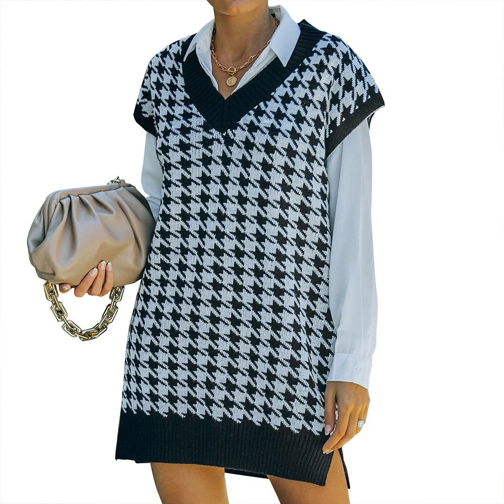 Women Houndstooth Sweater Vest Vintage V Neck Sleeveless Pullover Loose Chic Knitwear Plaid Spring Autumn Office Ladies Tank Top