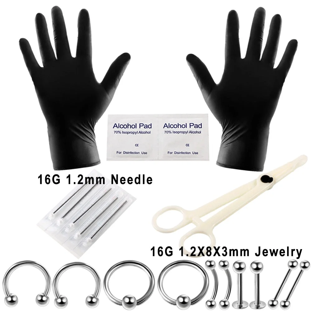 Body Piercing Kit With Needle Pack Nose Septum Belly Button Piercing Tool Kit Ear Tragus Nipple Eyebrow Labret Pircing Set Clamp