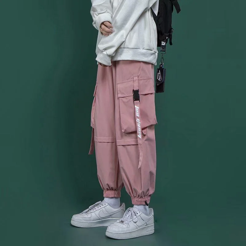 Peneran Black Cargo Pants Men's Fashion Loose Tappered Casual Pants Pink Hip Hop Sports Pants Japanese Streetwear Pants Cargo Sweatpants