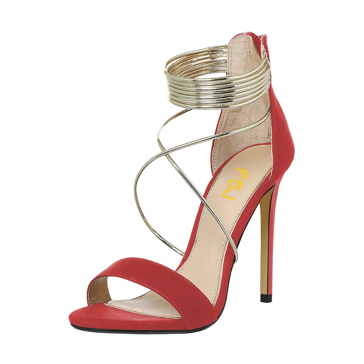 Women's Red Ankle Strap Sandals Cross Over Open Toe Stiletto Heels |FSJ Shoes