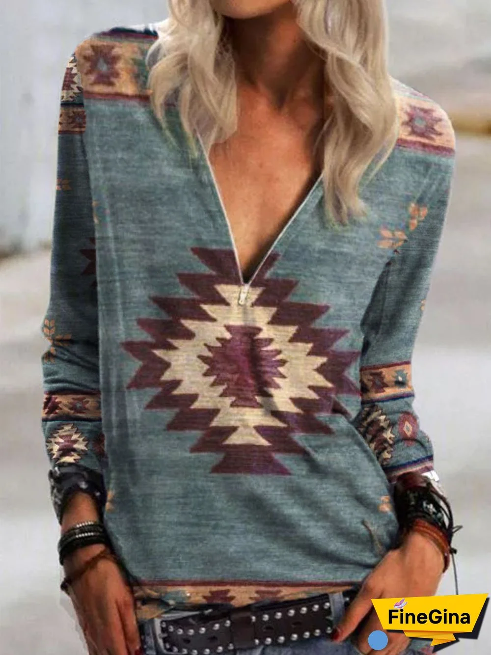 Long Sleeve Printed Casual V Neck Tops