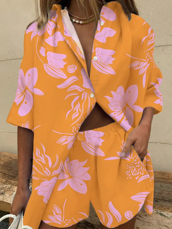 Pockets Leaves Print Elasticity Buttoned Wide Leg Three-Quarter Sleeves Lapel Two Pieces Set