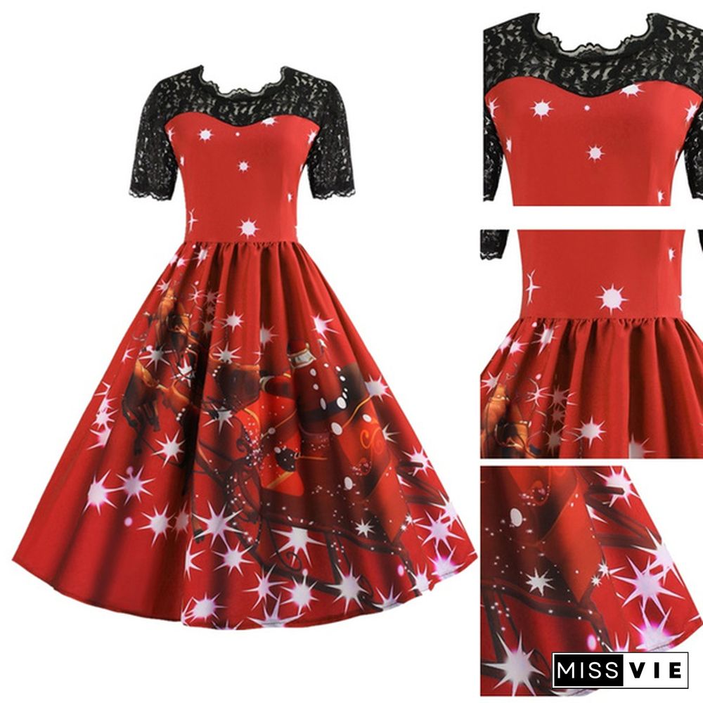 7 Colors Women Fashion Pumpkin Snowflake Print Dress Short Sleeve Lace Dress Christmas Halloween Costume Knee Length Party Dresses