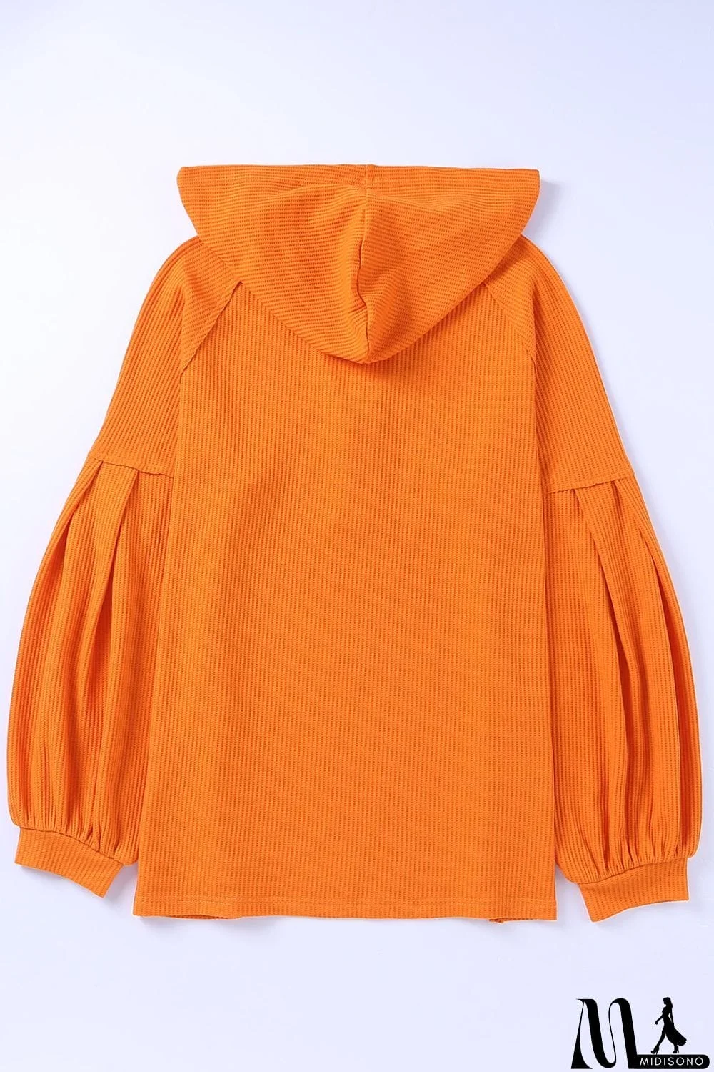 MidiSono - Puff Sleeve Side Slit Buttoned Waffle Knit Hoodie