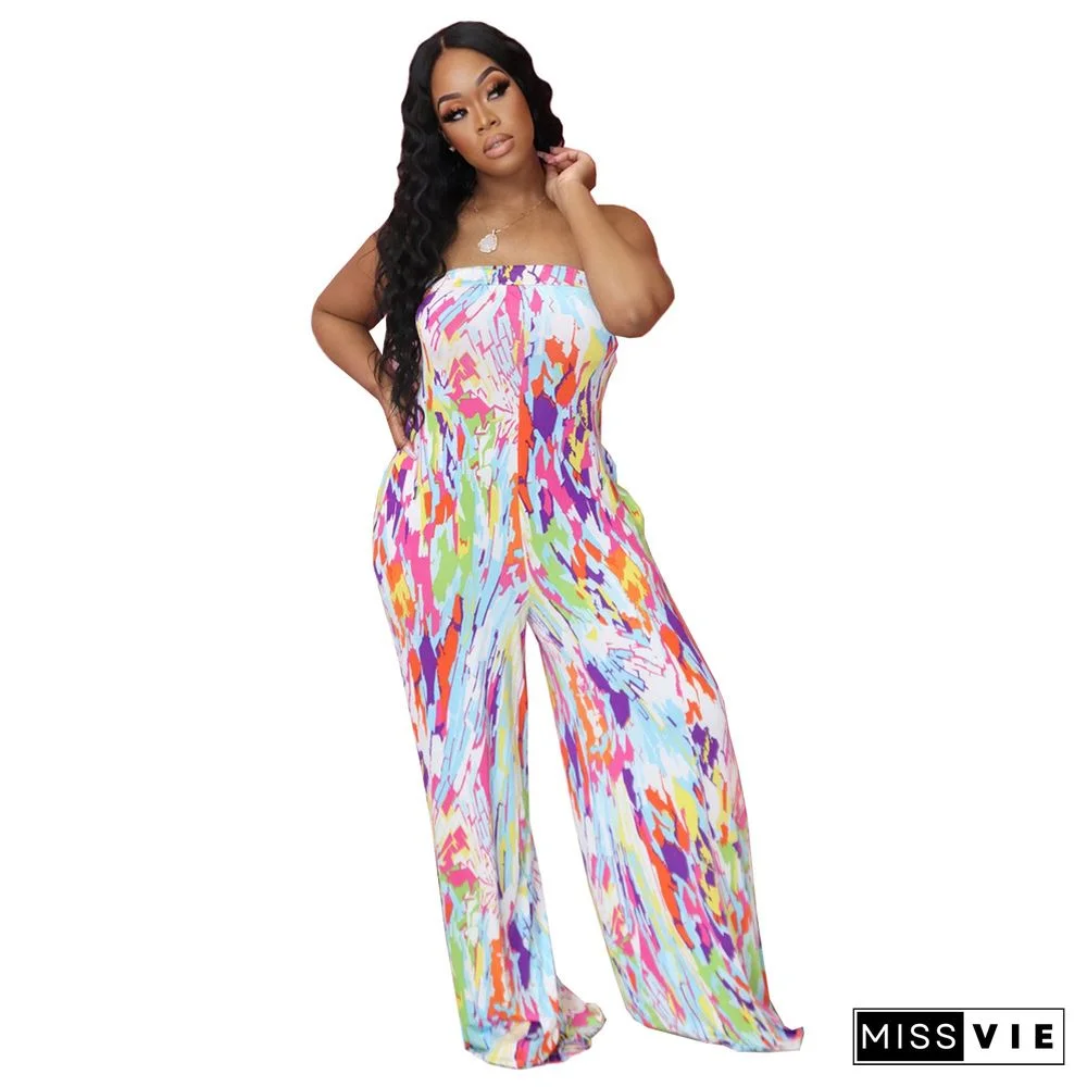 Strapless Printing Loose Wide Leg One Piece Jumpsuit