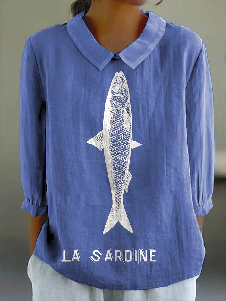 Women's Cute Sardine Pattern Art Print Casual Cotton And Linen 3/4 Sleeve Shirt