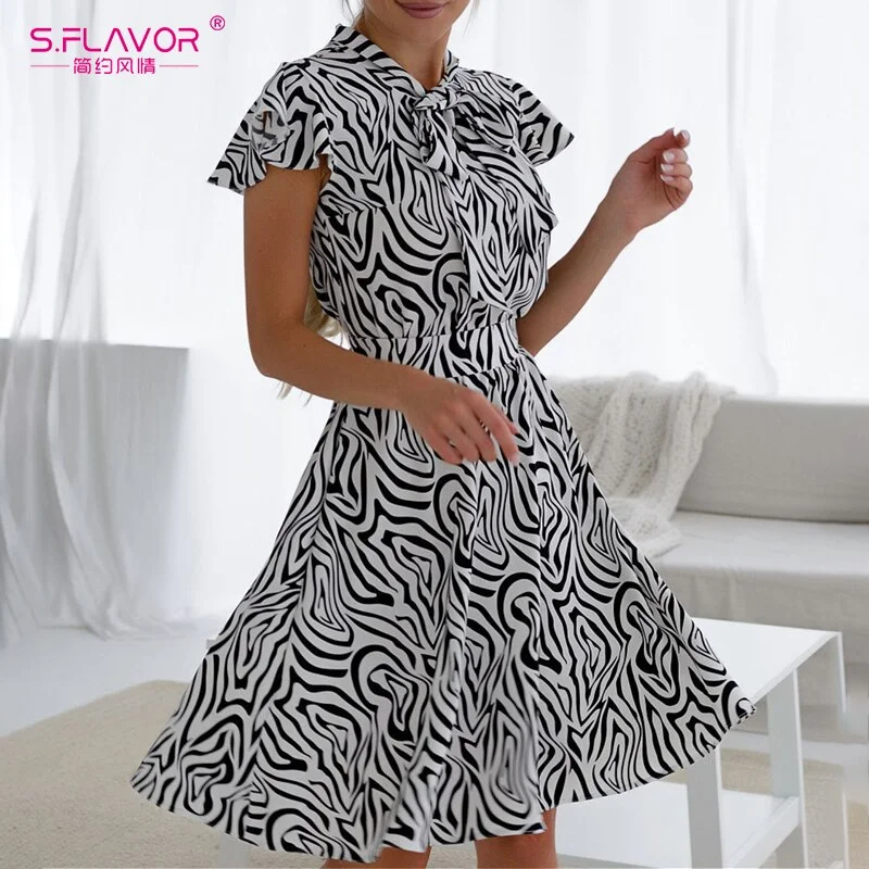 Jangj S.FLAVOR Print A Line Knee Length Dresses Summer Women Elegant Short Sleeve Bow Tie Neck Party Dress Casual Ladies Sundress