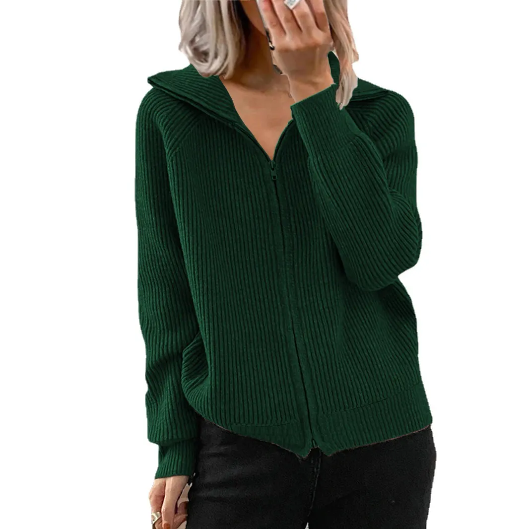 Churchf Churchf Winter New Striped Casual Coat Loose Sweater Zipper Cardigan Long Sleeve Lapel Sweater Woman