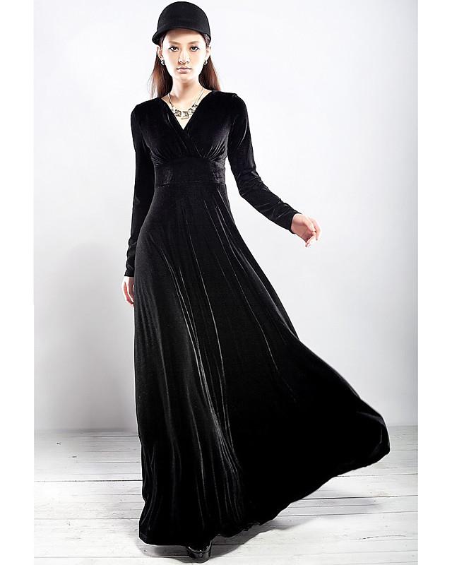 Women's Sheath Dress Maxi long Dress Black Purple Wine Green Royal Blue Long Sleeve Solid Colored V Neck Hot Velvet S M L XL XXL 3XL / Plus Size | 168DEAL