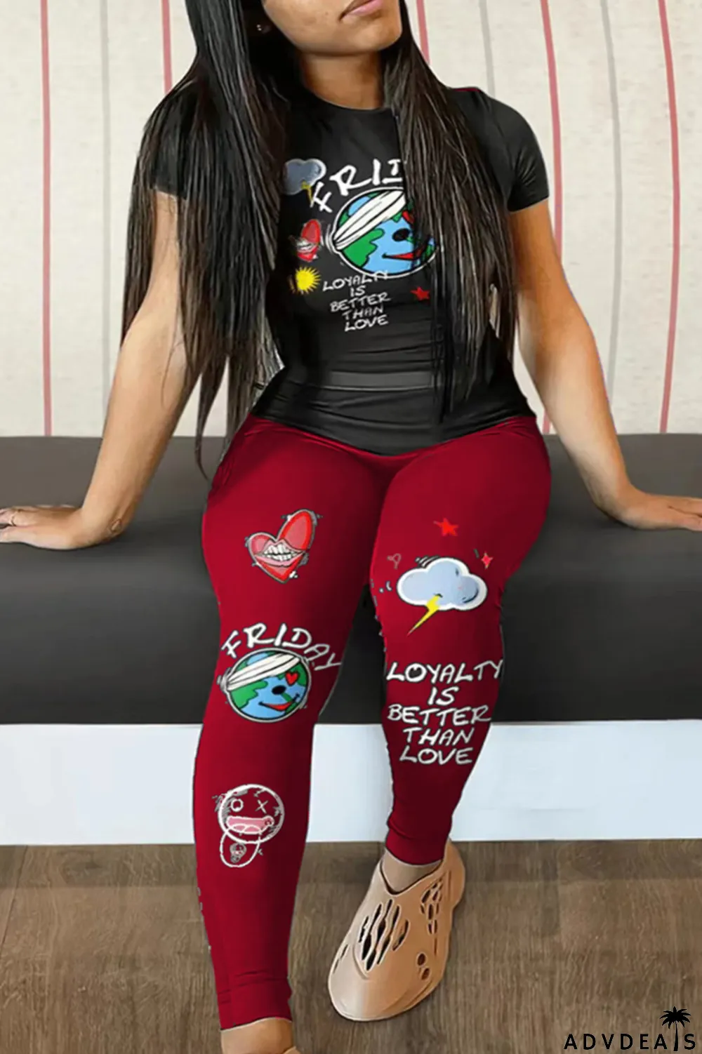 Black Red Casual Print Patchwork O Neck Plus Size Two Pieces