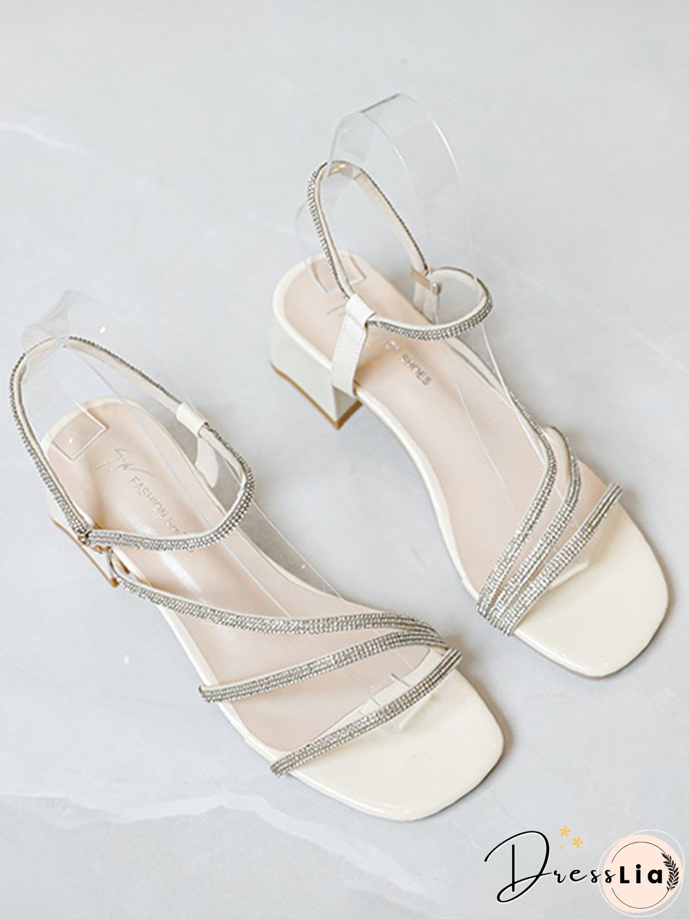 Rhinestone Thin Strap Chunky Heel Sandals