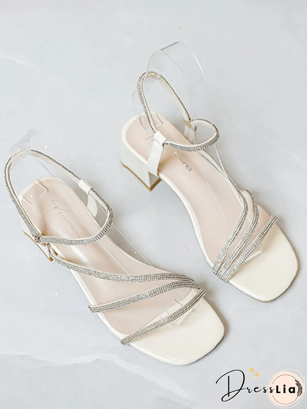 Rhinestone Thin Strap Chunky Heel Sandals