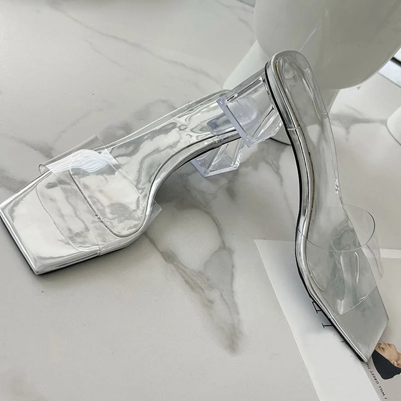 Summer Slippers Women Blue Green PVC Transparent Shoes Mules Slides Fashion Open Toe Clear Heels Beach Jelly Sandals Size 35-40