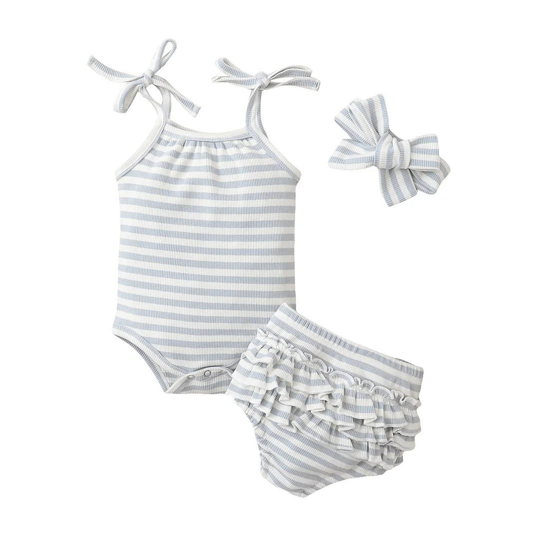 2021 Baby Summer Clothing Infant Newborn Baby Girl Boy 3Pcs Ribbed Striped Set Sleeveless Strap Bodysuit Ruffled Shorts Headband