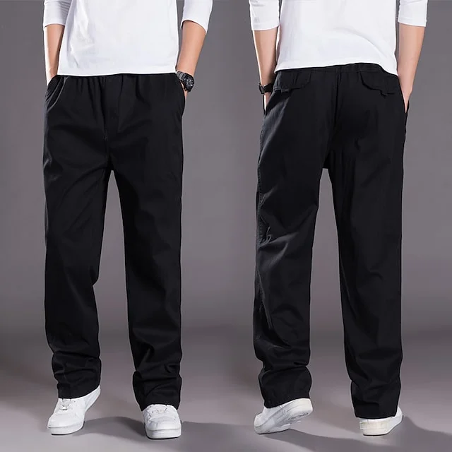 Loose Fit Leisure Trousers Drawstring Elastic Waist Solid Color Linen  Straight Pants Long Pants Homewear