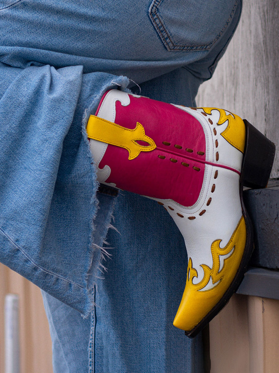 Women's Multicolor Patchwork Booties Snip Toe Stitched Cowgirl Boots