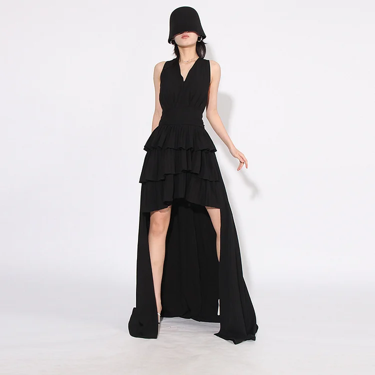 Elegant Deep V-Neck Sleeveless Ruffle Design Dress