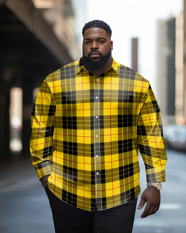 Men's Casual Plus Size Yellow Color Block Check Long Sleeve Lapel Shirt