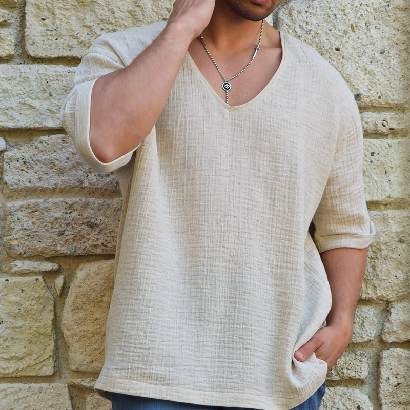 Men's Loose V-Neck Linen Shirt