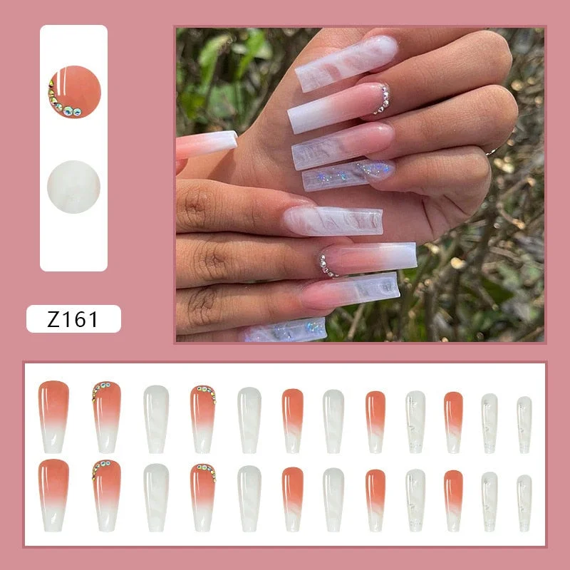 Coffin Square Long Press on False Fingernail White Ombre Nails with Rhinestone Z161