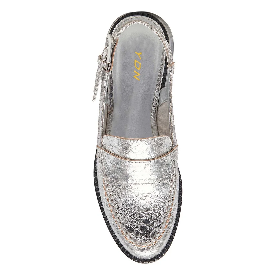 Round Toe Distressed Vegan Leather Flat Slingback Loafers in Silver