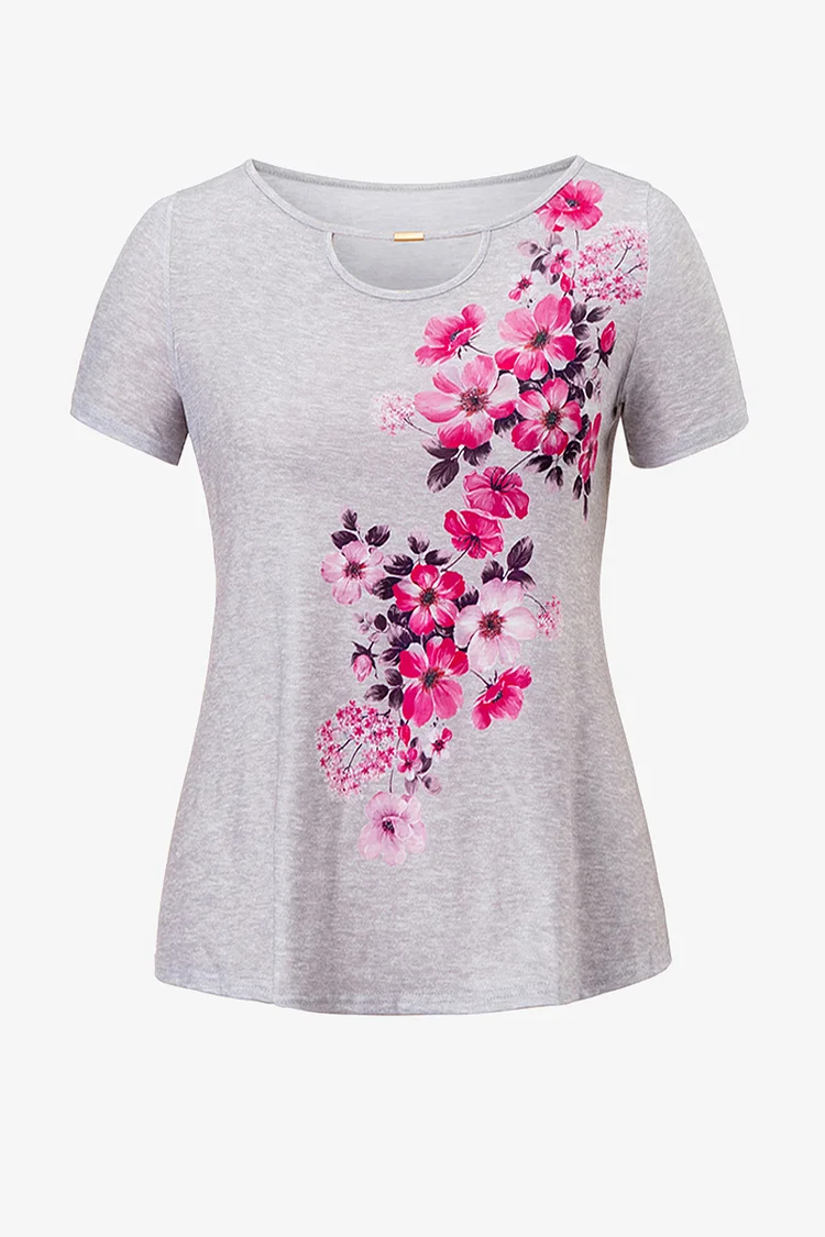 Plus Size Casual Floral Print Keyhole Short Sleeve Blouses  Flycurvy [product_label]
