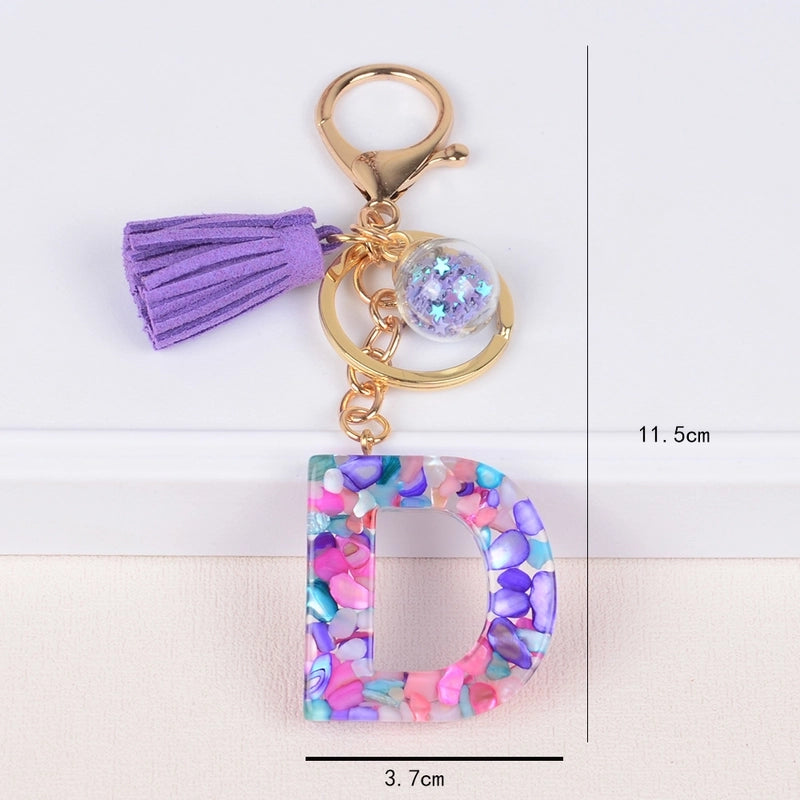 Fashion Style 26 English Letters Keychain Crystal Epoxy Color Stone Letter Tassel Pendant Bag