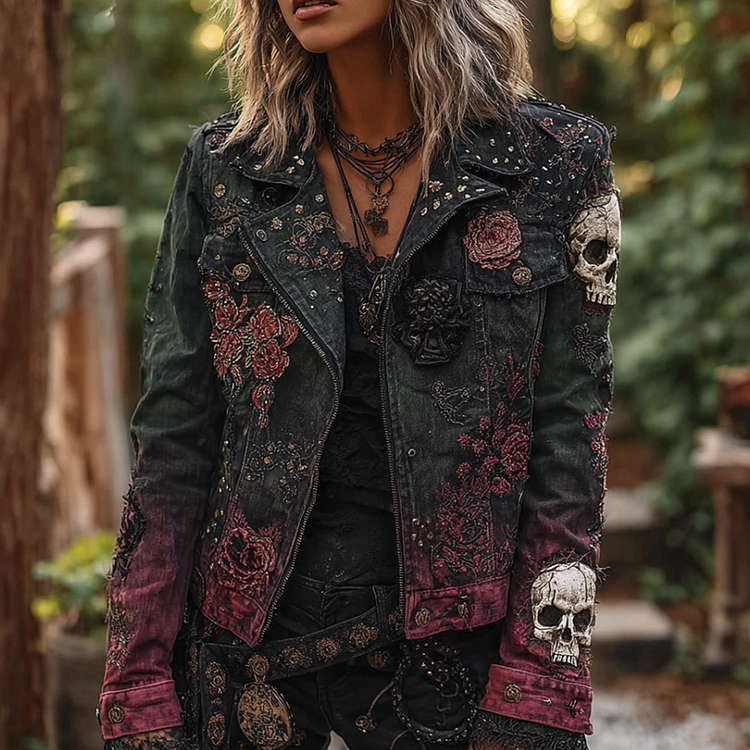 A Retro Women's  Gradient Denim Jacket With Gothic Skull And Floral Elements Design For Halloween