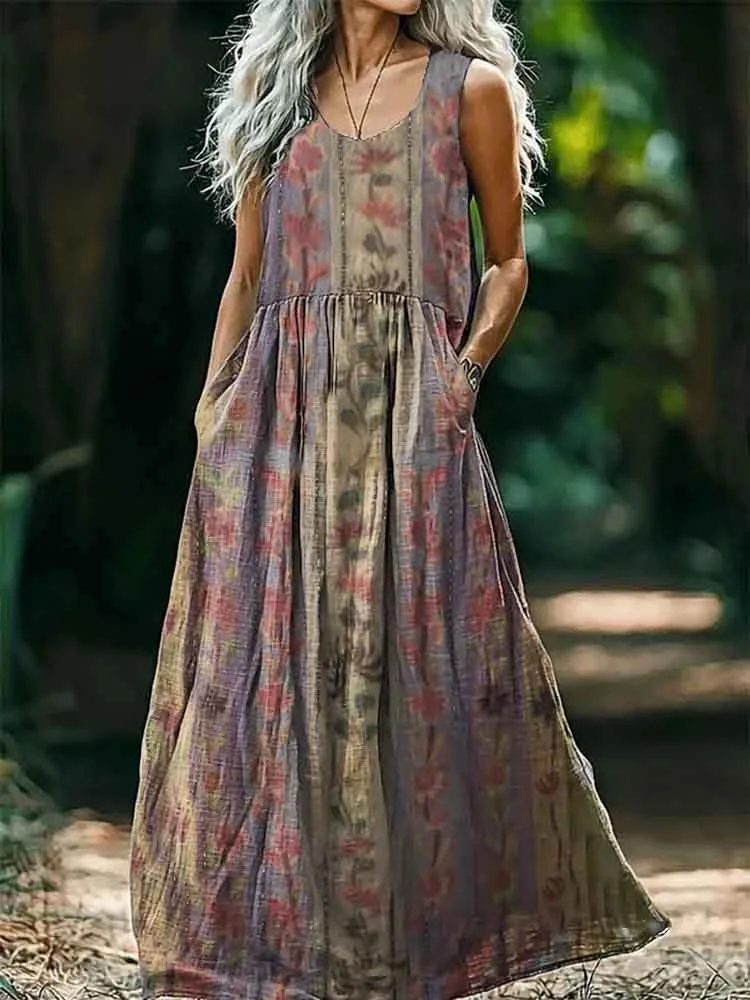 Women's Floral Art Print Round Neck Sleeveless Cotton Pocket Dresses