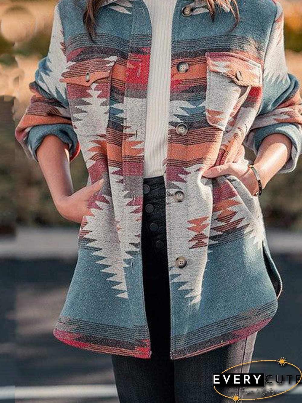 Casual Shirt Collar Ethnic Overcoat