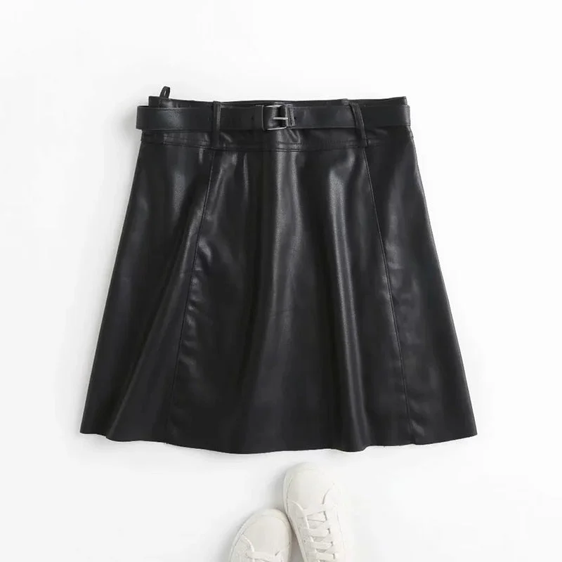 Aachoae Chic Women Black PU Faux Leather Skirt With Belt High Waist Ladies Mini Skirt Female A Line Fashion Skirts 2021