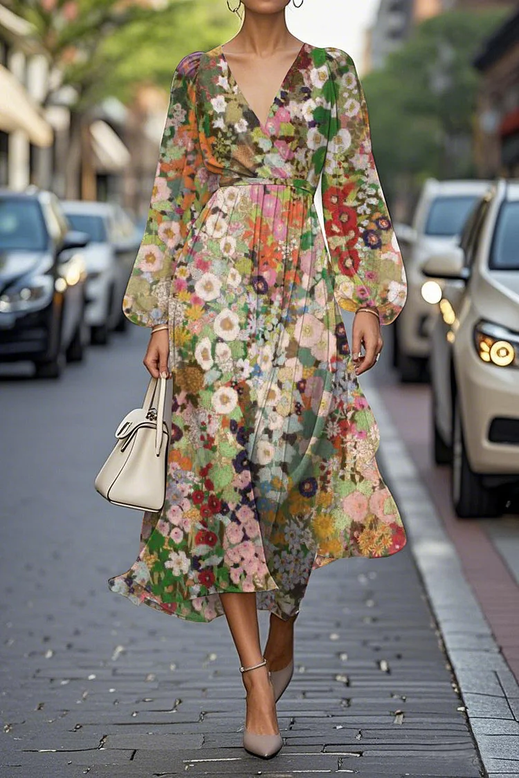 Elegant Floral Print Lantern Sleeve V-Neck A-Line Midi Chiffon Dress