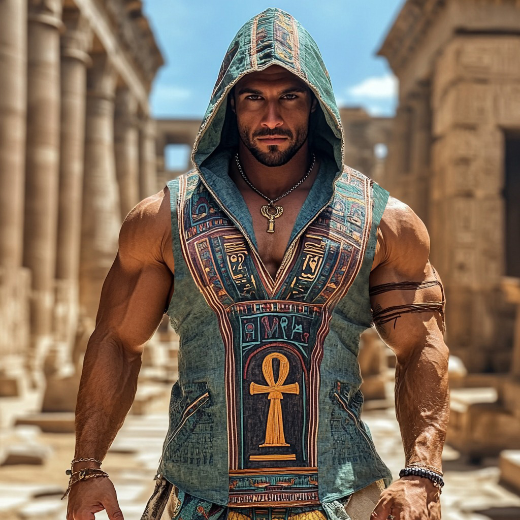Men's Ancient Egyptian Ankh Inspired Hooded Linen Tank Top