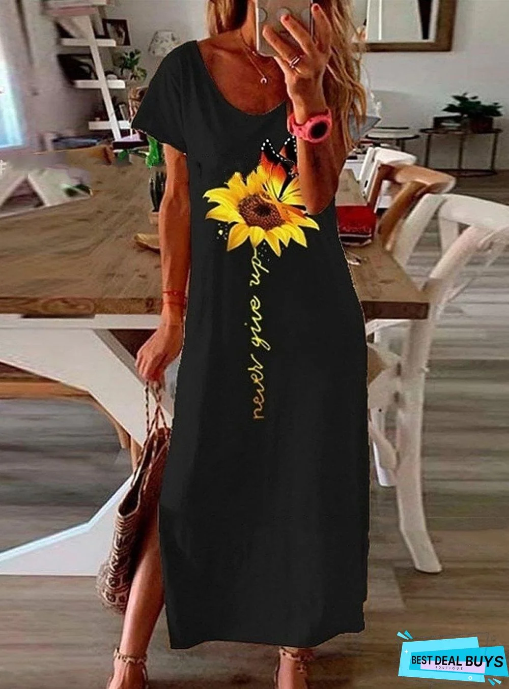 Casual Tie-Dye Sunflower Print Side Slit Long Dress