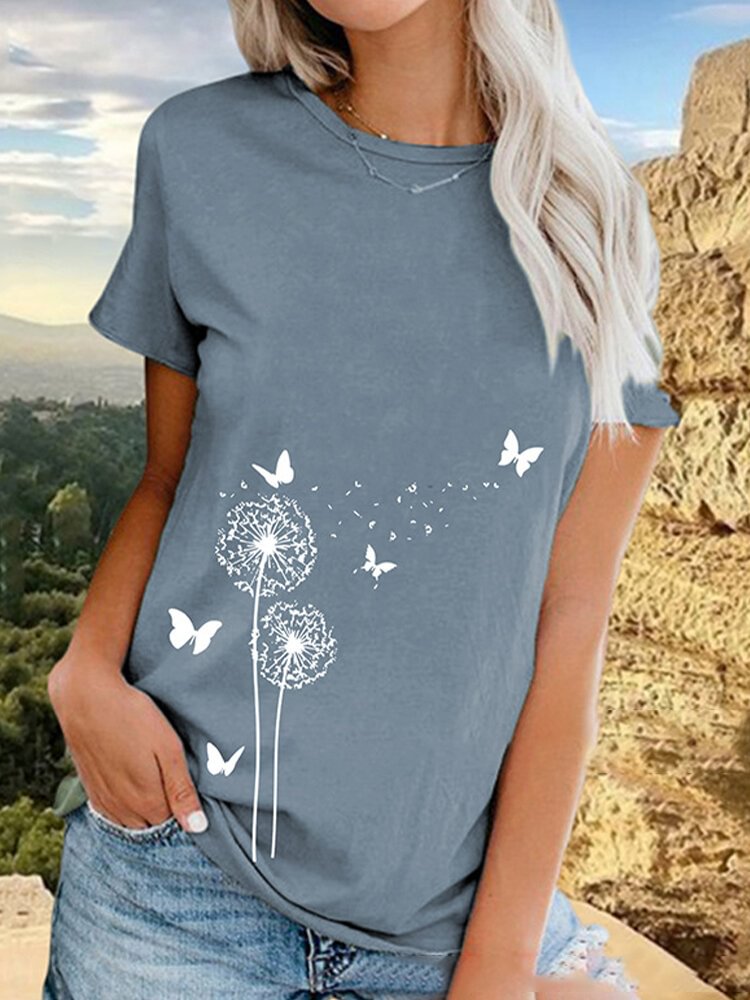 Casual Butterflies Flower Print Short Sleeve T shirt For Women P1685194