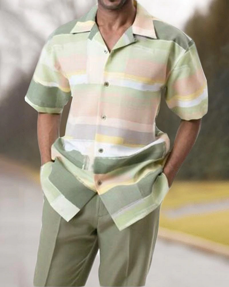 Two Piece Short Sleeve Print Walking Suit Set With Long Pants