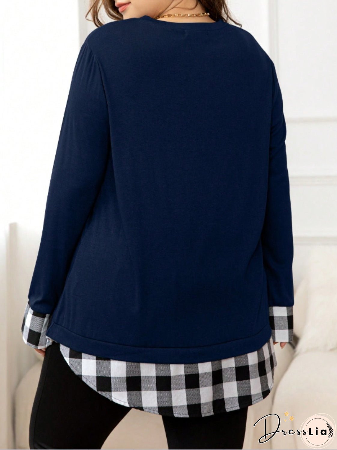 Plus Size Plaid Hem Round Neck Long Sleeve Sweatshirt
