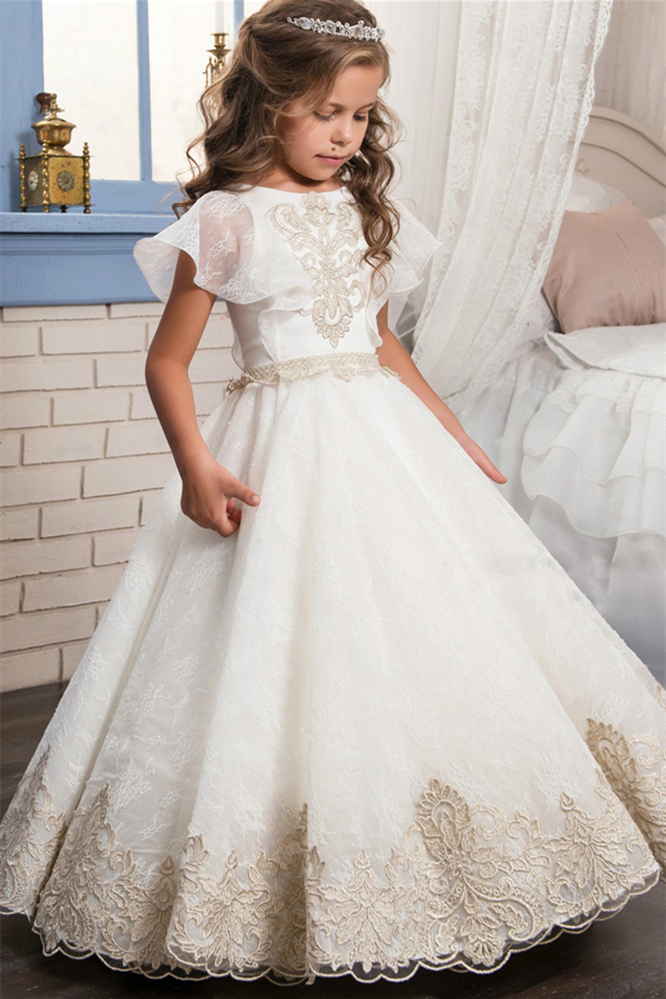 Gorgeous Ruffle Sleeves Lace Flower Girl Dress Long With Appliques - lulusllly