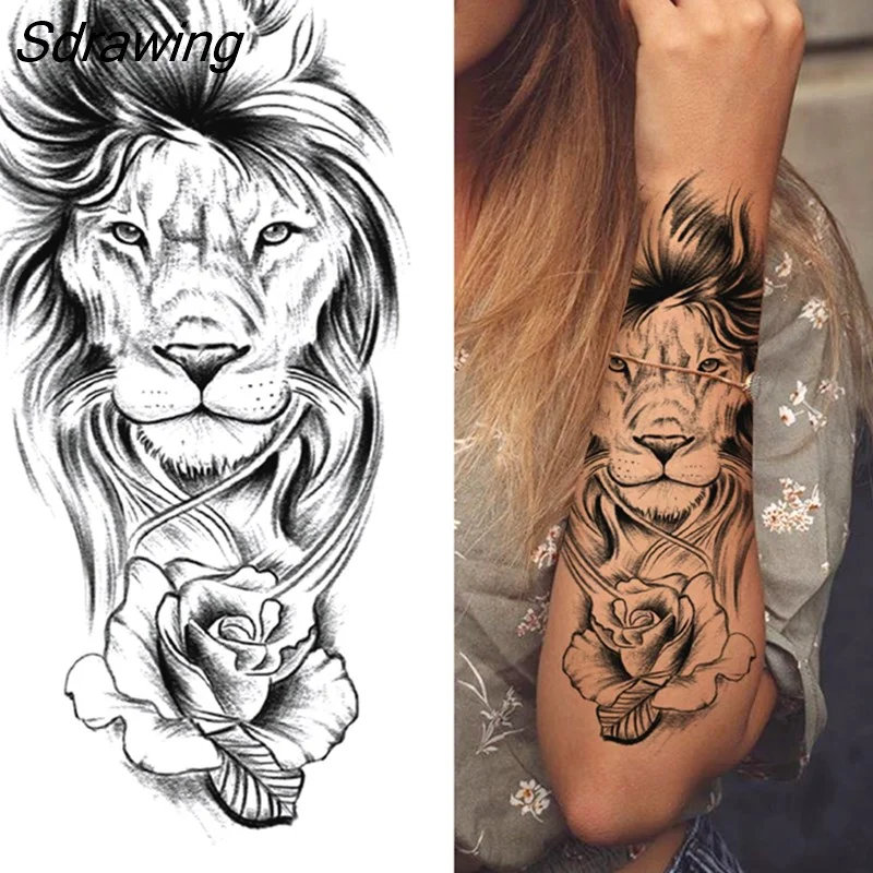 Sdrawing Tiger Temporary Tattoos For Men Women Kids Lion Skull Cross Tattoo Sticker Black Compass Skeleton Tatoos Leg Thigh 328-1
