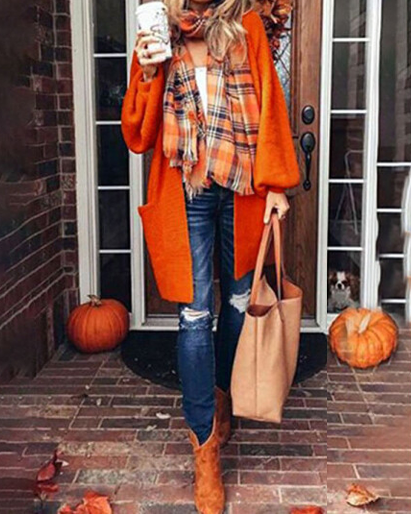 Loose Lantern Sleeve Orange Knitted Coat