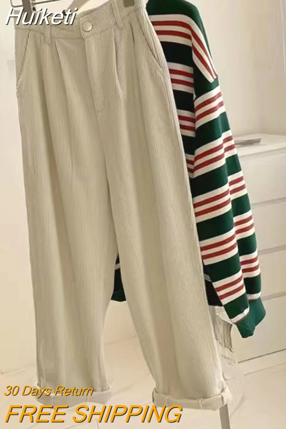 Huiketi High Waist Women Vintage Corduroy Pants Spring Fashion Straight Causal Trousers Solid Korean All Match Pants