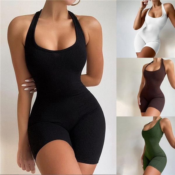New Women Sleeveless Halter Playsuit Bodycon Solid Backless Sport Jumpsuit Rompers Trousers - Shop Trendy Women's Fashion | TeeYours