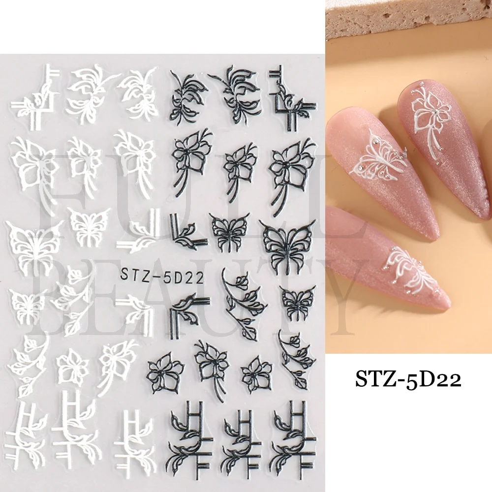 Churchf Nail Stickers Flowers Geometric Lines Decor Acrylic Embossed Sliders Gold Frame Nail Decals Cherry Blossom Manicure GLJI-5D05-Nail Inspo