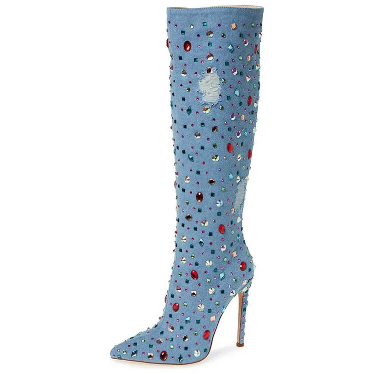 Blue Denim Rhinestone Pointed Toe Zipper Knee High Heel Boots |FSJ Shoes